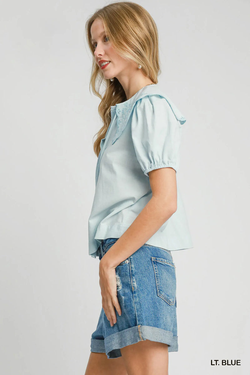 Sky Blue Tied Collared Short Sleeve Button Down Blouse-Sky Blue Tied Collared Short Sleeve Button Down Blouse. The tied collared short sleeve button down blouse in sky blue a stylish and versatile wardrobe piece. -Reef Love