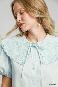 Sky Blue Tied Collared Short Sleeve Button Down Blouse-Sky Blue Tied Collared Short Sleeve Button Down Blouse. The tied collared short sleeve button down blouse in sky blue a stylish and versatile wardrobe piece. -Reef Love