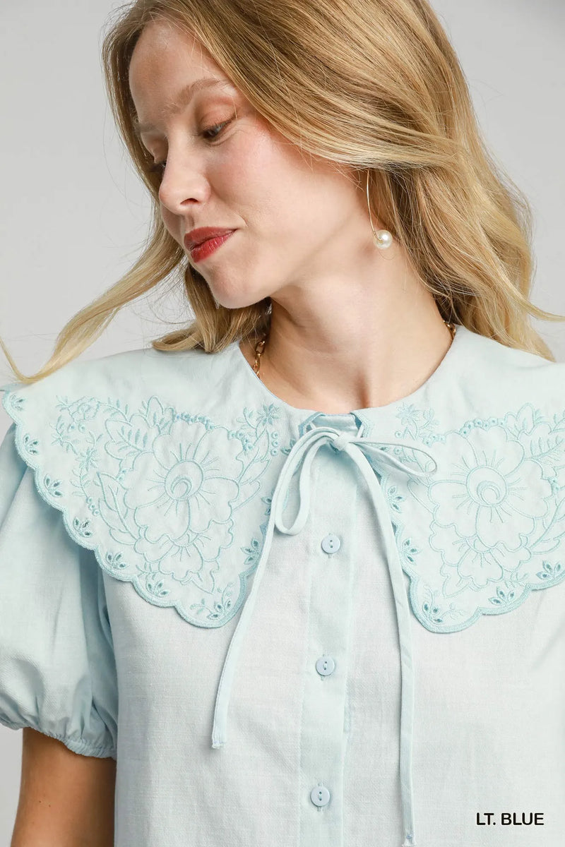 Sky Blue Tied Collared Short Sleeve Button Down Blouse-Sky Blue Tied Collared Short Sleeve Button Down Blouse. The tied collared short sleeve button down blouse in sky blue a stylish and versatile wardrobe piece. -Reef Love