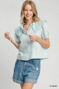 Sky Blue Tied Collared Short Sleeve Button Down Blouse-Sky Blue Tied Collared Short Sleeve Button Down Blouse. The tied collared short sleeve button down blouse in sky blue a stylish and versatile wardrobe piece. -Reef Love