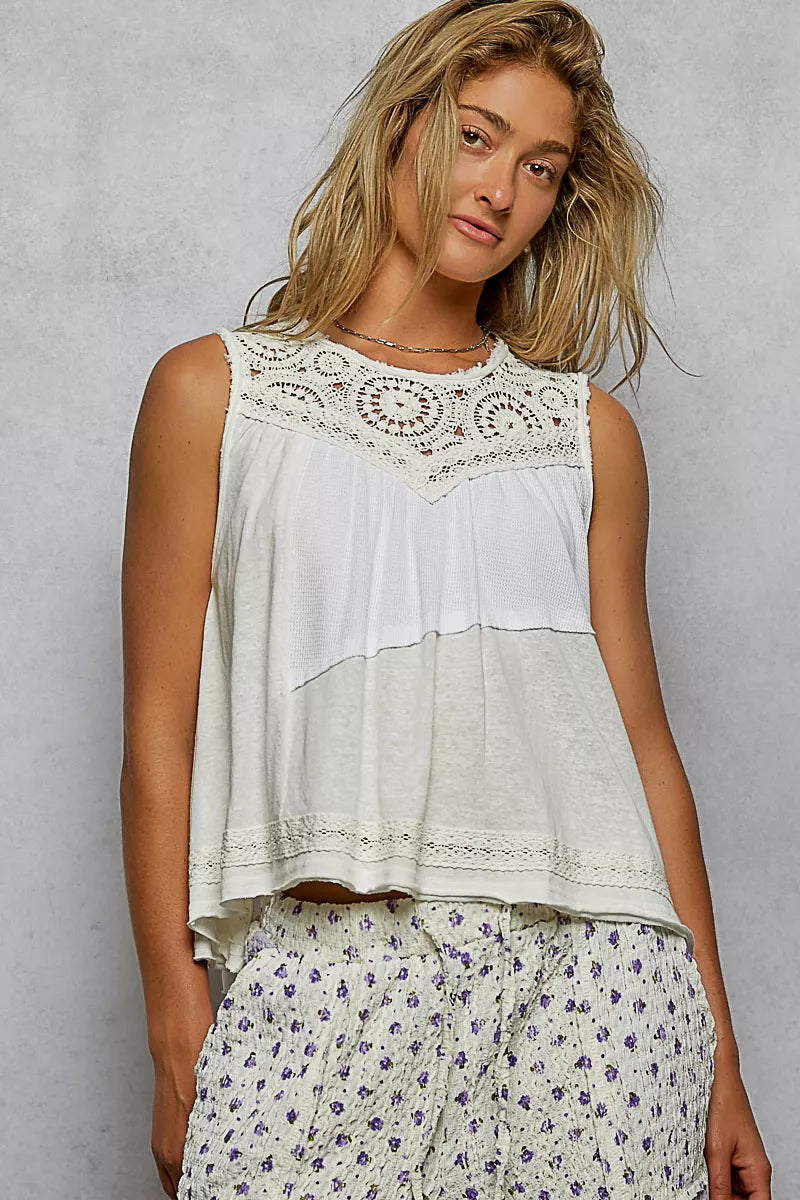 Sleeveless Top with Crochet Contrast- Boho Chic Styles by Reef Love