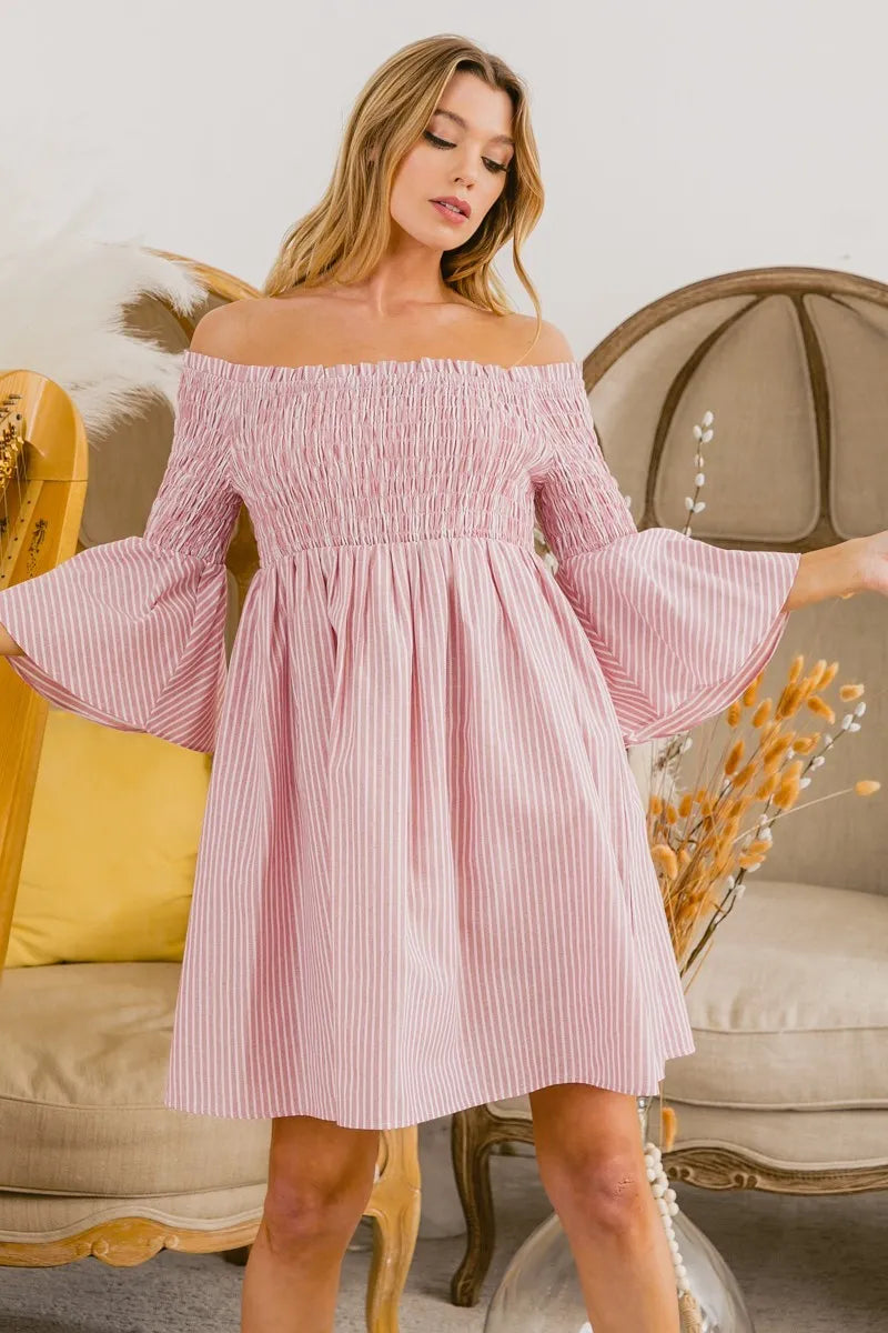 Smocked Off-Shoulder Striped Babydoll Mini Dress-Sweet, Flirty, and Summer-Ready Make a breezy statement with the Smocked Off-Shoulder Striped Babydoll Mini Dress. soft stripes and ruffled accents.-Reef Love Boho-Chic Boutique