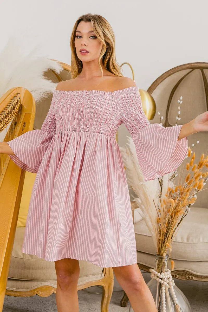 Smocked Off-Shoulder Striped Babydoll Mini Dress-Sweet, Flirty, and Summer-Ready Make a breezy statement with the Smocked Off-Shoulder Striped Babydoll Mini Dress. soft stripes and ruffled accents.-Reef Love Boho-Chic Boutique