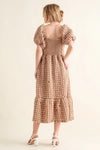 Smocked Square Neck Puff Sleeve Midi Dress-Update your wardrobe with this fun and funky Smocked Square Neck Puff Sleeve Dress. The square neckline and puff sleeves add a touch of sophistication and femininity -Reef Love Boho-Chic Boutique
