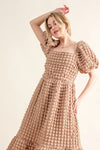 Smocked Square Neck Puff Sleeve Midi Dress-Update your wardrobe with this fun and funky Smocked Square Neck Puff Sleeve Dress. The square neckline and puff sleeves add a touch of sophistication and femininity -Reef Love Boho-Chic Boutique
