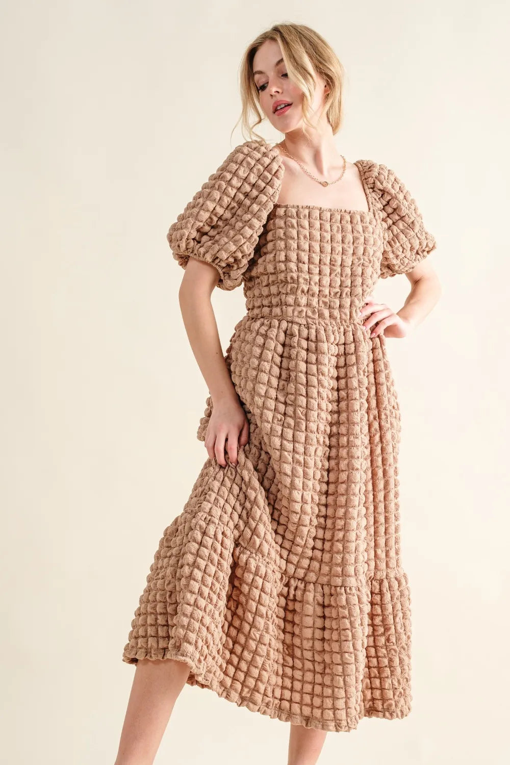 Smocked Square Neck Puff Sleeve Midi Dress-Update your wardrobe with this fun and funky Smocked Square Neck Puff Sleeve Dress. The square neckline and puff sleeves add a touch of sophistication and femininity -Reef Love Boho-Chic Boutique