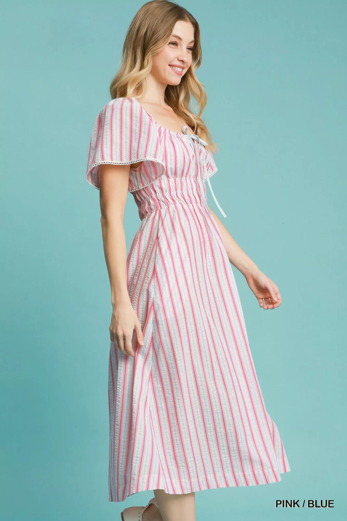 Smocked Striped Short Sleeve Midi Dress-Smocked striped short sleeve midi dress with a flattering fit and chic ruffle details. A versatile boho-inspired piece for casual days or dressed-up occasions.-Reef Love