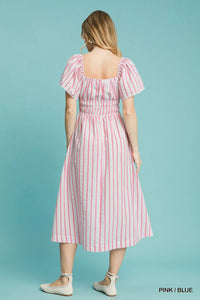 Smocked Striped Short Sleeve Midi Dress-Smocked striped short sleeve midi dress with a flattering fit and chic ruffle details. A versatile boho-inspired piece for casual days or dressed-up occasions.-Reef Love