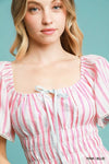 Smocked Striped Short Sleeve Midi Dress-Smocked striped short sleeve midi dress with a flattering fit and chic ruffle details. A versatile boho-inspired piece for casual days or dressed-up occasions.-Reef Love