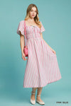 Smocked Striped Short Sleeve Midi Dress-Smocked striped short sleeve midi dress with a flattering fit and chic ruffle details. A versatile boho-inspired piece for casual days or dressed-up occasions.-Reef Love
