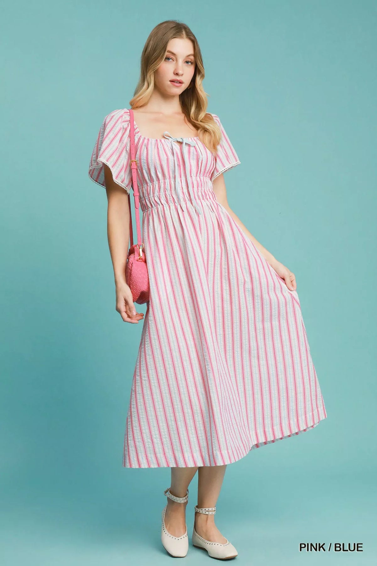 Smocked Striped Short Sleeve Midi Dress-Smocked striped short sleeve midi dress with a flattering fit and chic ruffle details. A versatile boho-inspired piece for casual days or dressed-up occasions.-Reef Love