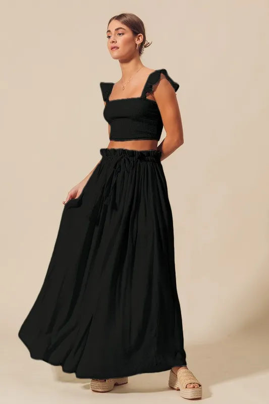 Smocked Top and Flowy Maxi Skirt Set-Stay cool & chic in this black smocked crop top & flowy maxi skirt set. Perfect for beach days, vacations, and summer nights. Lightweight & versatile style.-Reef Love Boho-Chic Boutique