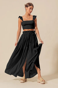 Smocked Top and Flowy Maxi Skirt Set-Stay cool & chic in this black smocked crop top & flowy maxi skirt set. Perfect for beach days, vacations, and summer nights. Lightweight & versatile style.-Reef Love Boho-Chic Boutique