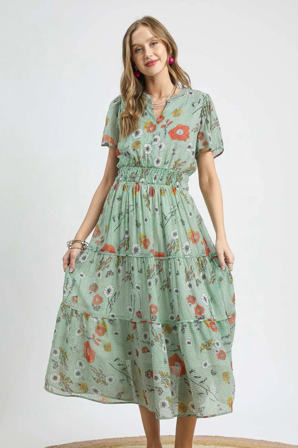 Smocked Waist Floral Short Sleeve Midi Dress-Umgee-Reef Love