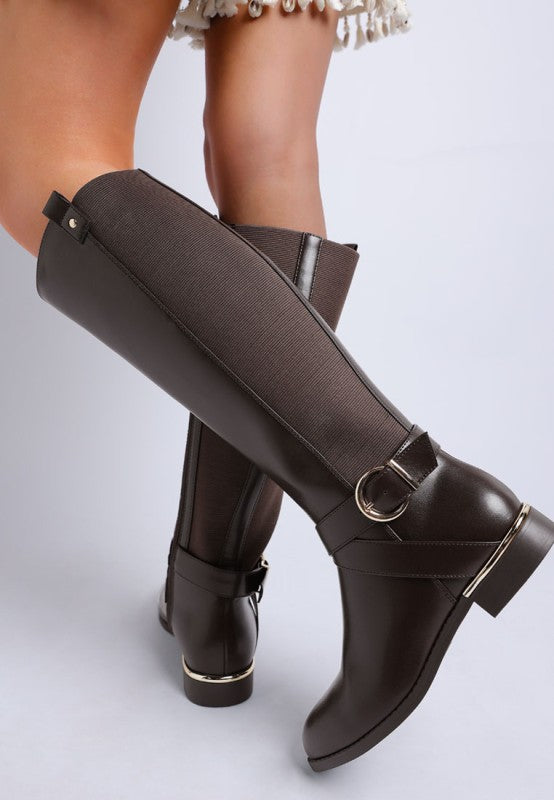 Snowd Riding Boots-Snowd Riding Boots by London Rag,vegan leather knee-high boots with almond toe, ankle buckle detail, cushioned comfort. Stylish winter boots for everyday wear.