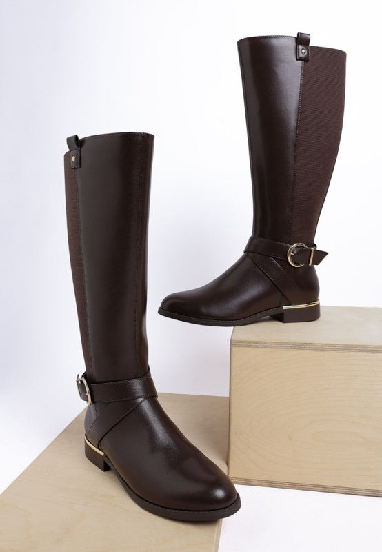 Snowd Riding Boots-Snowd Riding Boots by London Rag,vegan leather knee-high boots with almond toe, ankle buckle detail, cushioned comfort. Stylish winter boots for everyday wear.