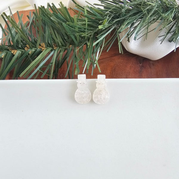 Snowman Stud Earrings - White Shimmer