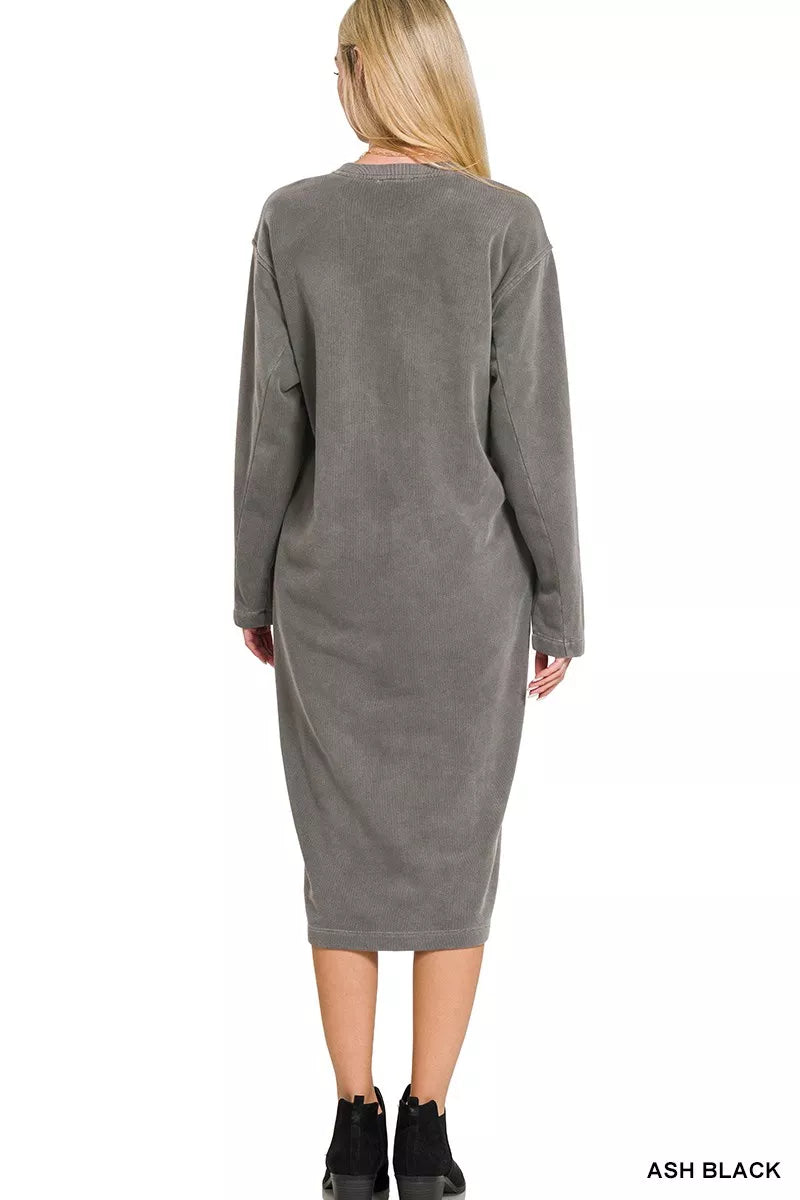 Soft Fleece Pigment Dye Sweatshirt Midi Dress, Ash