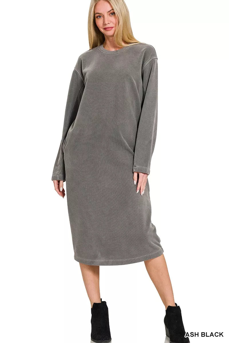 Soft Fleece Pigment Dye Sweatshirt Midi Dress, Ash