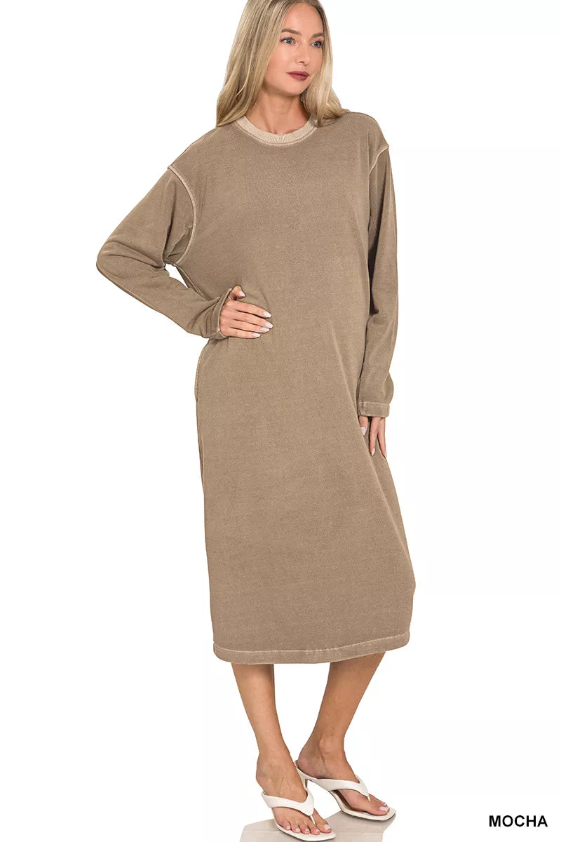Soft Fleece Pigment Dye Sweatshirt Midi Dress, Mocha