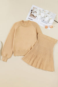 Solid High Neck Sweater and Pleated Mini Skirt Set-Reef Love