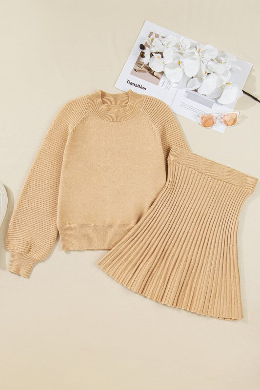 Solid High Neck Sweater and Pleated Mini Skirt Set-Reef Love