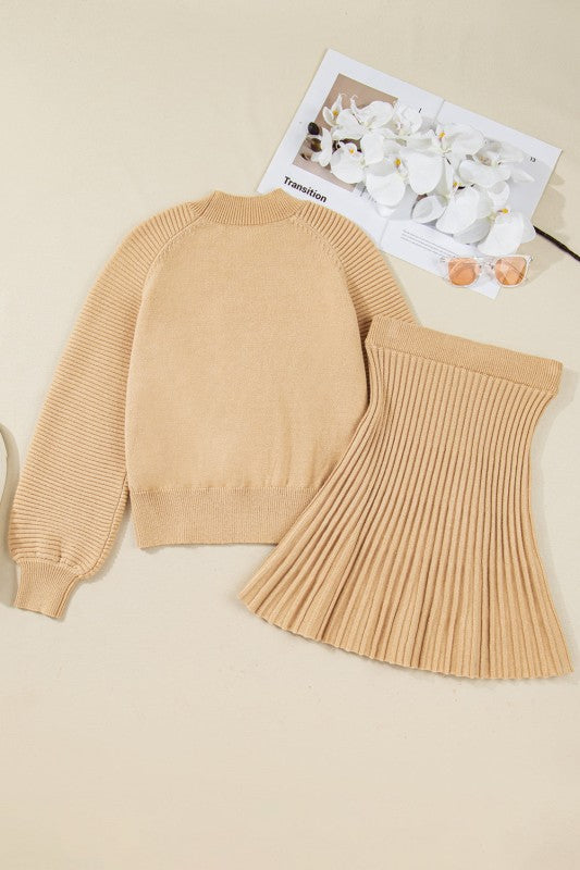 Solid High Neck Sweater and Pleated Mini Skirt Set-Reef Love