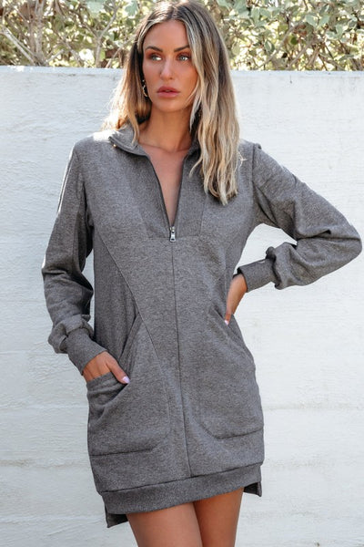 Solid Ribbed Patchwork Pocketed Sweatshirt Dress-Reef Love