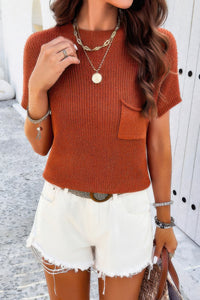 Solid Short Cap Sleeve Ribbed Knit Loose Top
