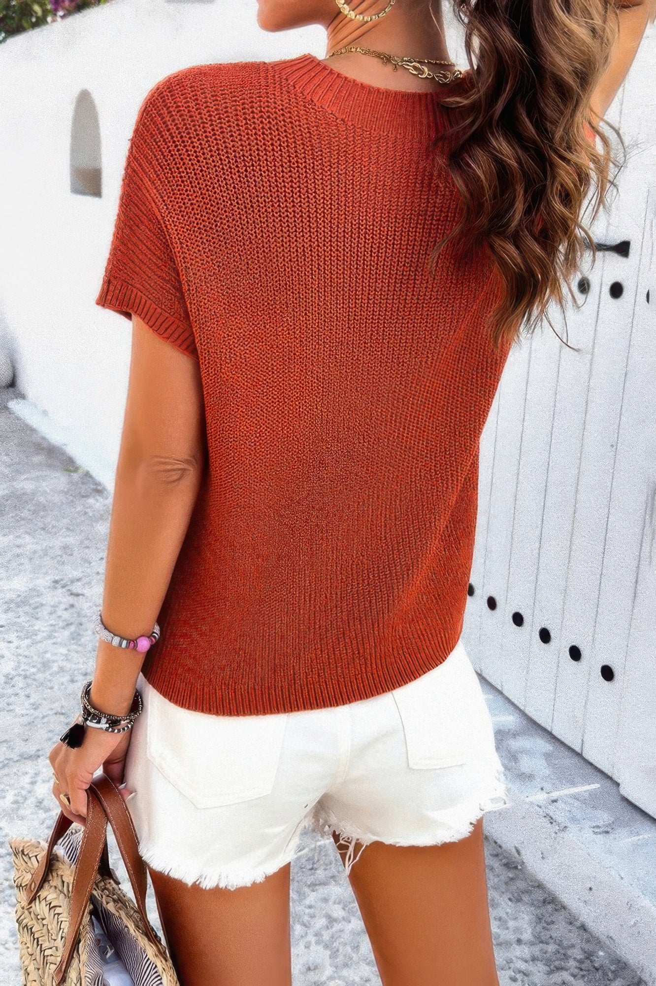 Solid Short Cap Sleeve Ribbed Knit Loose Top