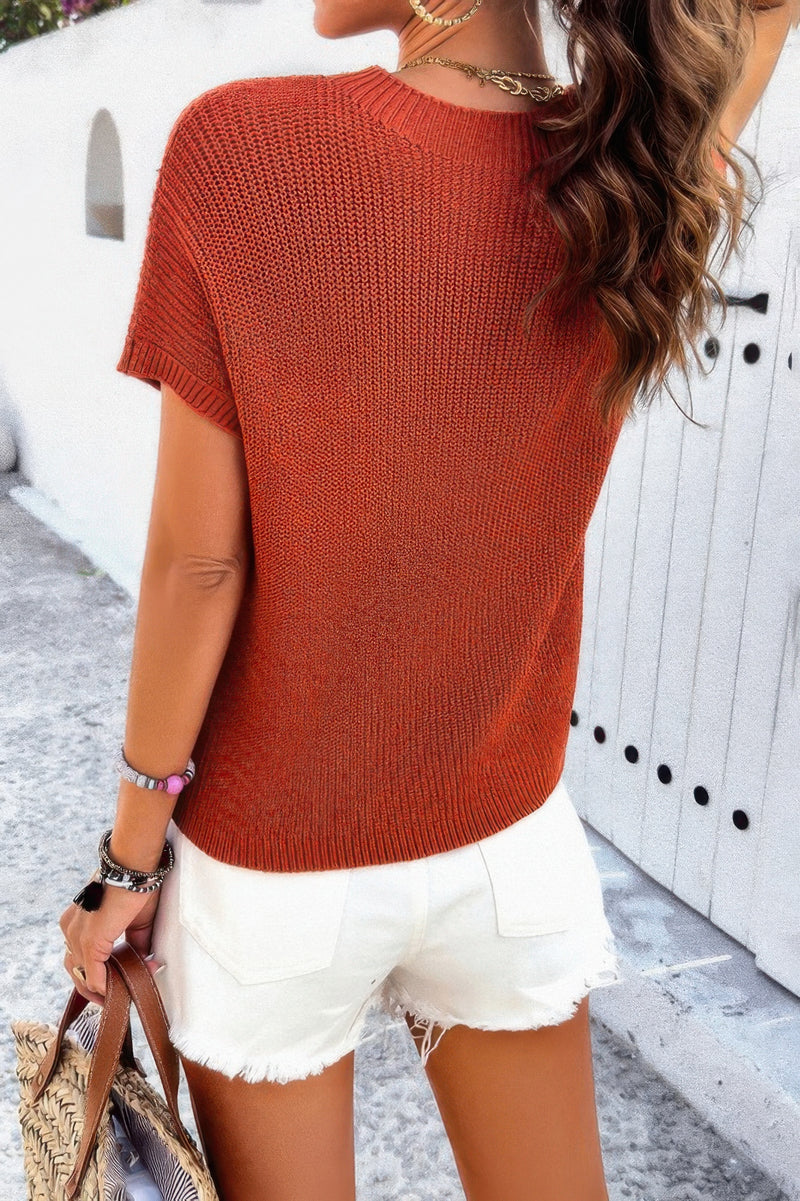 Solid Short Cap Sleeve Ribbed Knit Loose Top
