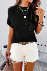 Solid Short Cap Sleeve Ribbed Knit Loose Top