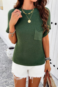 Solid Short Cap Sleeve Ribbed Knit Loose Top