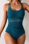 Shop Solid Square Back Double Strap Mesh Cut-Out Swimsuit-Modern one-piece swimsuit with mesh cut-outs, square neckline, and double straps. Sleek, supportive, and sculpting—perfect for beach and resort wear.-available at Reef Love online boho-chic boutique