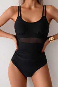 Shop Solid Square Back Double Strap Mesh Cut-Out Swimsuit-Modern one-piece swimsuit with mesh cut-outs, square neckline, and double straps. Sleek, supportive, and sculpting—perfect for beach and resort wear.-available at Reef Love online boho-chic boutique
