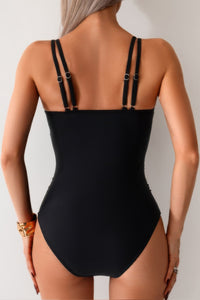 Shop Solid Square Back Double Strap Mesh Cut-Out Swimsuit-Modern one-piece swimsuit with mesh cut-outs, square neckline, and double straps. Sleek, supportive, and sculpting—perfect for beach and resort wear.-available at Reef Love online boho-chic boutique