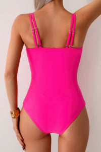 Shop Solid Square Back Double Strap Mesh Cut-Out Swimsuit-Modern one-piece swimsuit with mesh cut-outs, square neckline, and double straps. Sleek, supportive, and sculpting—perfect for beach and resort wear.-available at Reef Love online boho-chic boutique