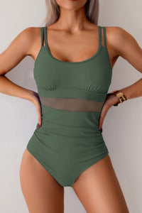 Shop Solid Square Back Double Strap Mesh Cut-Out Swimsuit-Modern one-piece swimsuit with mesh cut-outs, square neckline, and double straps. Sleek, supportive, and sculpting—perfect for beach and resort wear.-available at Reef Love online boho-chic boutique