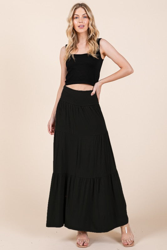 Solid Tiered Ruffle Maxi Skirt