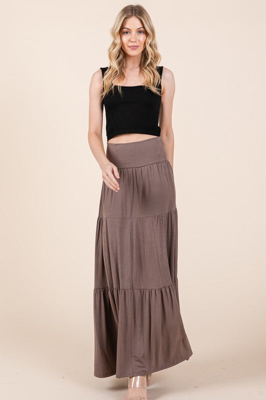Solid Tiered Ruffle Maxi Skirt