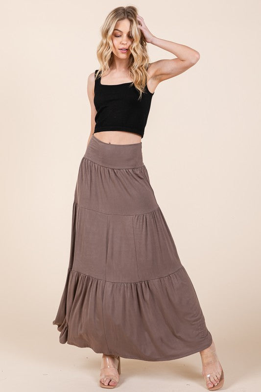 Solid Tiered Ruffle Maxi Skirt