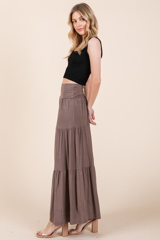 Solid Tiered Ruffle Maxi Skirt