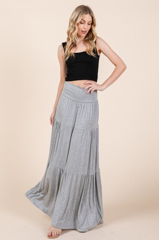 Solid Tiered Ruffle Maxi Skirt