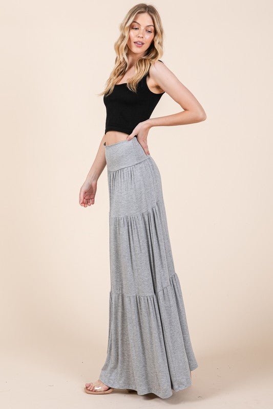 Solid Tiered Ruffle Maxi Skirt