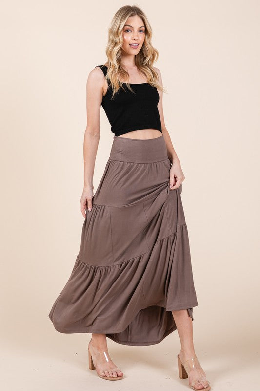 Solid Tiered Ruffle Maxi Skirt-Solid tiered ruffle maxi skirt with foldover waistband. Soft, stretchy boho-chic style perfect for vacation outfits, beachwear, or everyday looks.