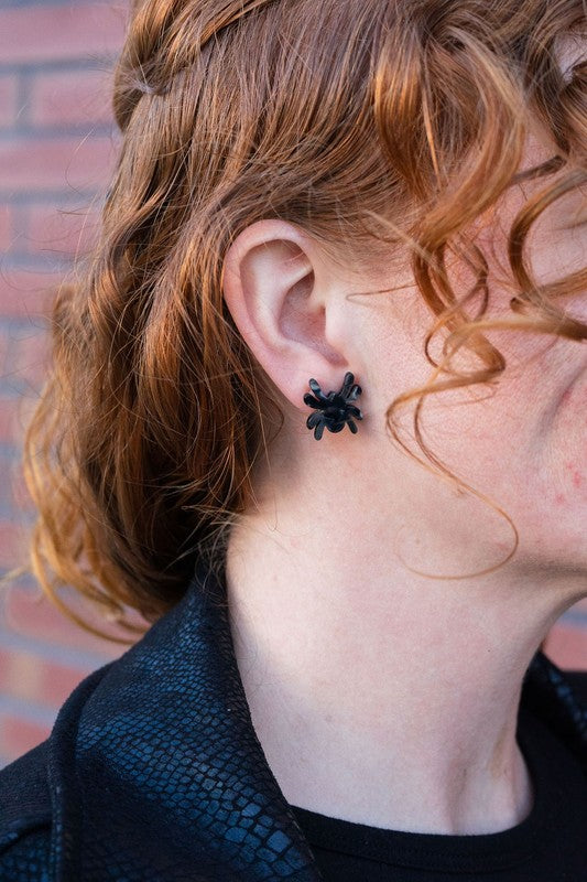 Shop Spider Stud Earrings - Black-Black spider stud earrings made from lightweight acrylic with hypoallergenic posts. A spooky-cute finishing touch for Halloween or everyday eerie style.-available at Reef Love online boho-chic boutique