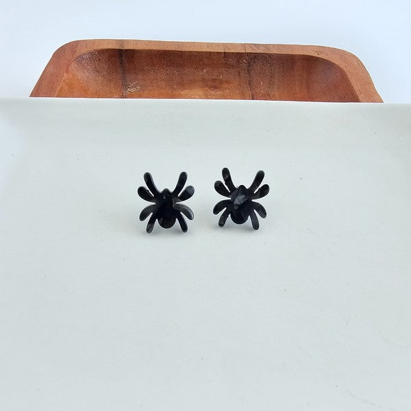 Shop Spider Stud Earrings - Black-Black spider stud earrings made from lightweight acrylic with hypoallergenic posts. A spooky-cute finishing touch for Halloween or everyday eerie style.-available at Reef Love online boho-chic boutique