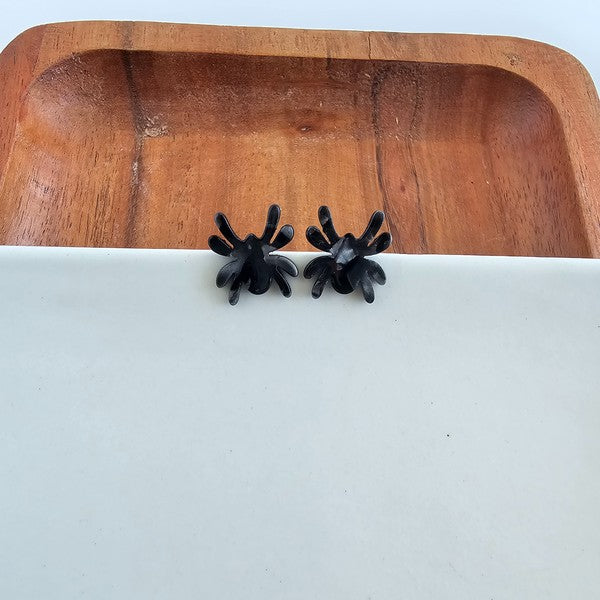 Shop Spider Stud Earrings - Black-Black spider stud earrings made from lightweight acrylic with hypoallergenic posts. A spooky-cute finishing touch for Halloween or everyday eerie style.-available at Reef Love online boho-chic boutique