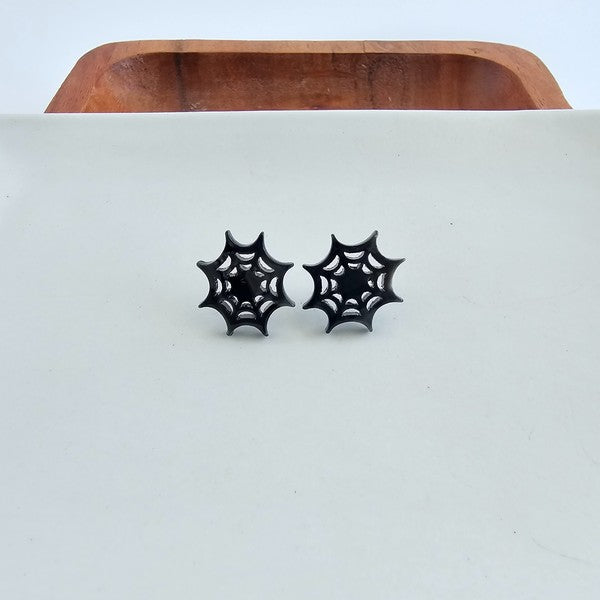 Shop Spider Web Stud Earrings - Black-Black spider web stud earrings made from lightweight acrylic with hypoallergenic posts. A spooky-cute statement for Halloween or everyday gothic glam.-available at Reef Love online boho-chic boutique