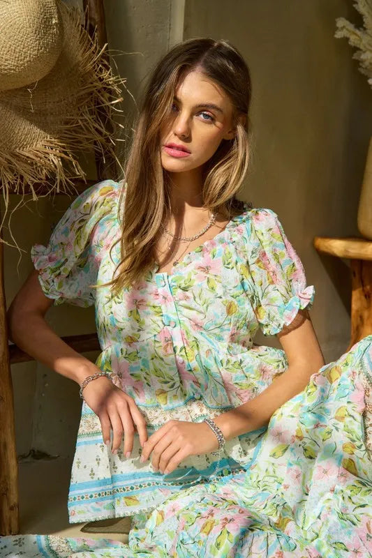 Spring Floral Border Print Ruffled Textured Top-Women's Tops-Reef Love
